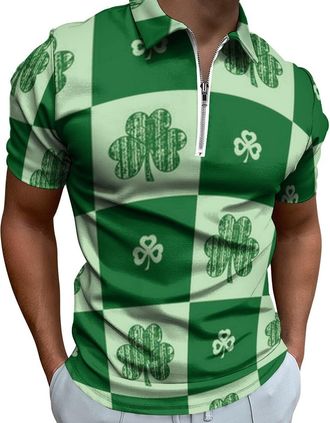 Generic St. Patricks Day Shirt for Men,Fashion 3D Clover Print Polo Shirt Mens Lapel Collar 1/4 Zip up Short Sleeve T Shirt Men Casual Baggy Blouse Tops St Pa