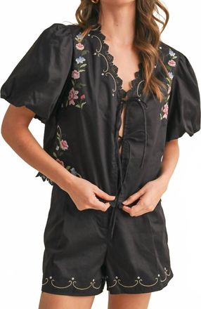 Merci Floral Embroidery Lace Trom Top And Shorts Set In Black