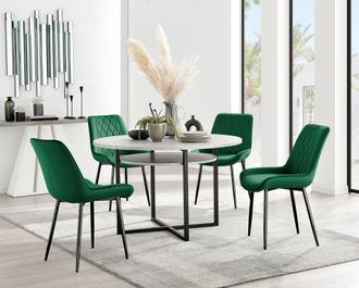 Furniturebox Adley Grey Concrete Effect & Black Round Dining Table with Shelf & 4 Velvet Pesaro Dining Chairs in Green