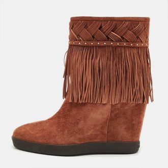 Le Silla Brown Suede Fringe Wedge Ankle Length Boots