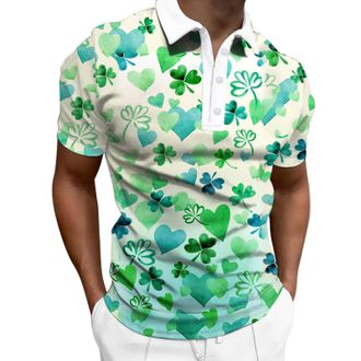 Generic Plus Size St. Patricks Day Mens T-Shirts Polo St Patricks Day Outfit Casual Loose Lapel Short Sleeve Half Zipper Irish Lucky Shamrock Print Blouse Luc