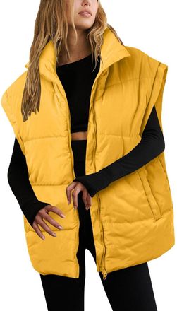 Generic Womens Quilted Gilet Lightweight Body Warmer Longline Hooded Padded Outwear Vests Casual Stand Collar Gilets Vest Jacket Coat with Zip Pockets for Wom