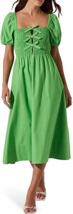 ASTR the Label Bow Detail Smock Bodice Cotton Blend Dress in Green at Nordstrom, Size X-Small
