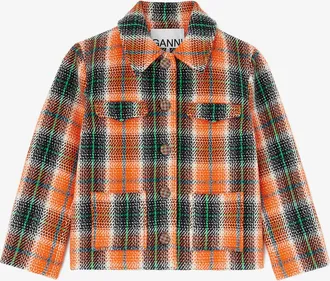 Ganni Mandarin Orange Blazer in Graphic Check - Size 10/12 Recycled Wool