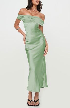Princess Polly Sadee Off the Shoulder Satin Cocktail Dress in Sage at Nordstrom, Size 12