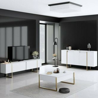 Dmora Set De Muebles De Sala Pignano, Modular, 4 Estantes, Puerta Abatible, Blanca