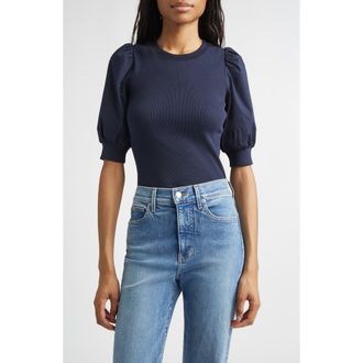 Veronica Beard Coralee Mixed Media Puff Sleeve Stretch Cotton Top in Navy at Nordstrom, Size Medium
