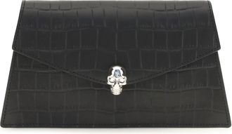 Alexander McQueen Womens Mini Skull Clutch Black-Silver Calf Leather Shoulder Bags Black/silver