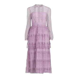 Self Portrait Kleedjes, Dames, Paars, L, Tiered Lace Midi Dress