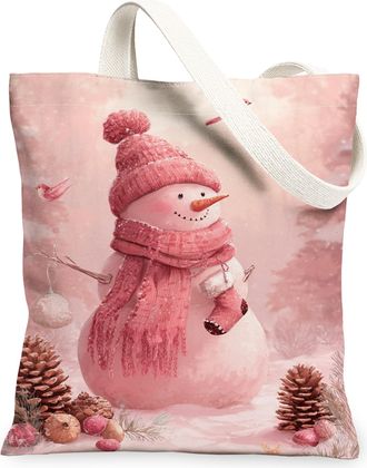 Generic Winter Snow Man Canvas Tote Bags, Adorable Cold Character Pattern Reusable Grocery Bags, Lightweight Washable Shoulder Stra, Peach, 13x15 Inch