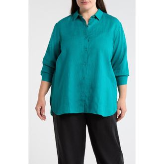 Eileen Fisher Classic Collar Organic Linen Long Button-Up Shirt in Teal at Nordstrom, Size 1X