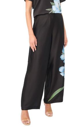 Vince Camuto Floral Wide Leg Pull-On Pants in Black/Sky at Nordstrom, Size X-Large