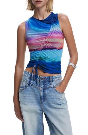 Desigual Drawstring Front Mesh Tank in Blue at Nordstrom, Size Large