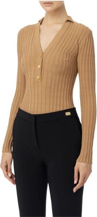 Elisabetta Franchi Geribbelde Viscose Trui met Gouden Knopen - Dames - V-hals truien - Bruin - S - Truien & Vesten
