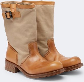 Prada Leather and canvas biker boots