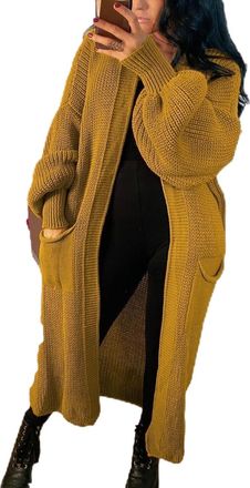 Generic Womens Chunky Knitted Longline Cardigan - Open Front Balloon Sleeve Maxi Coatigan with Pockets, Oversized Winter Sweater (UK, Numeric, 8, 20, Regular,