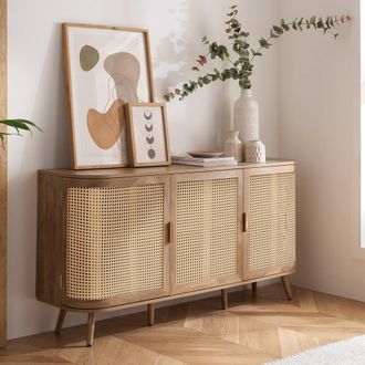 Birlea 3 Door Rattan Sideboard Curved Cupboard Sark Storage Cabinet in Beige
