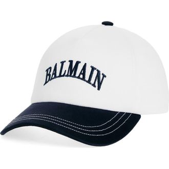 Balmain Embroidered Logo Bicolor Cotton Twill Baseball Cap in Gpp White/Navy at Nordstrom