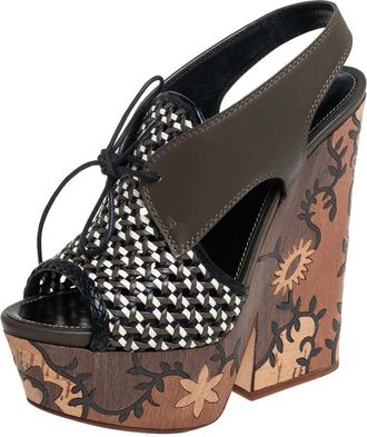 Sergio Rossi Multicolor Woven Leather And Leather Wedge Lace Up Sandals