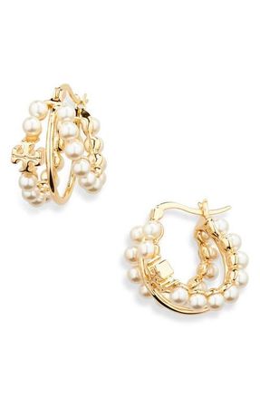 Tory Burch Kira Faux Pearl Triple Row Hoop Earrings in Tory Gold /Pearl at Nordstrom