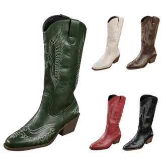 Generic Womens Western Mid-Calf Cowboy Boots with Floral Embroidered, Ladies Pointed Toe Chunky Heel Slip on Retro Tall Boots Classic Pull On Design Western F