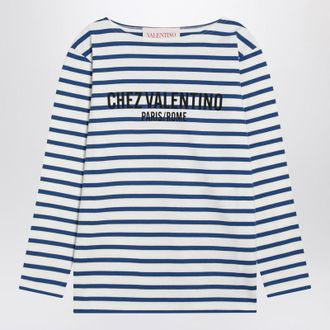Valentino Garavani Ivory T-Shirt With Blue Stripes Chez Valentino Garavani