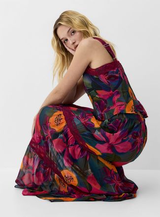 Icone Womens Chiffon and lace tiered maxi skirt