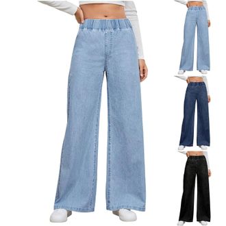 Generic Wide Leg Jeans for Women Elasticated Waist Pull On Jeans for Women UK Plus Size Loose Fit Straight Denim Pants with Pockets Stretchy Casual Palazzo Tr
