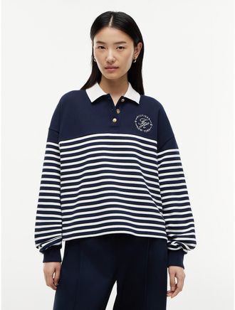 Tommy Hilfiger Womens Nautical Breton Stripe Polo Sweatshirt - Ecru / Navy Blue Stripe - XL