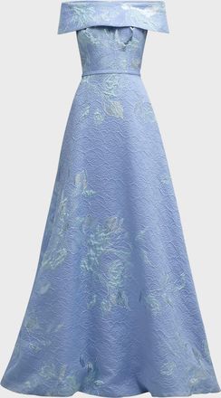 Teri Jon Off-Shoulder Metallic Flower Jacquard Gown