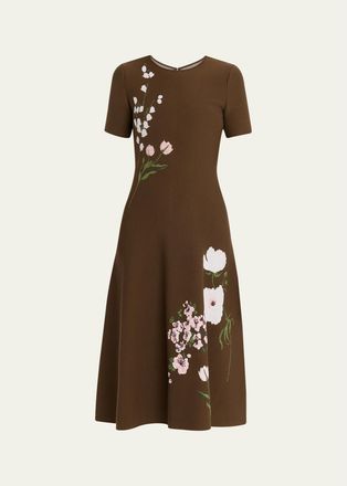 Oscar De La Renta Short-Sleeve Multi Floral Knit Midi Dress