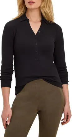 Nic+Zoe Perfect Rib Knit Long Sleeve Polo in Black Onyx at Nordstrom, Size Xx-Large