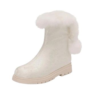 Generic Womens Casual Mid Calf Boots Round Toe Med Square Heel With Side Zipper And Floral Butterfly-Knot Accent