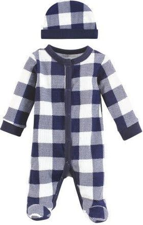 Hudson Baby Thermal Preemie Sleep and Play & Cap in Navy Plaid at Nordstrom