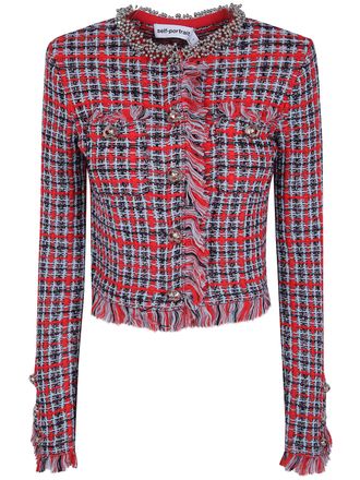 Self Portrait Jacket Frayed Knit Red Check