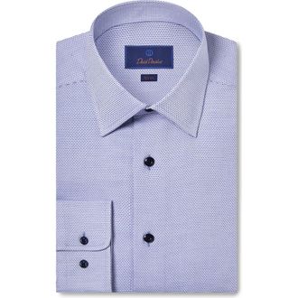David Donahue Slim Fit Micro Dobby Cotton Dress Shirt in Blue at Nordstrom, Size 15.5 32
