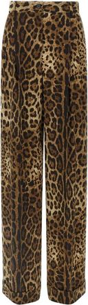 Dolce & Gabbana Leo Print Wolle Broek - Dames - Wijde Broeken - Bruin - L - Wol - Broeken