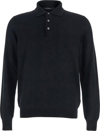 Tagliatore Black Polo Shirt With Classic Collar And Ribbed Trims In Wool Man