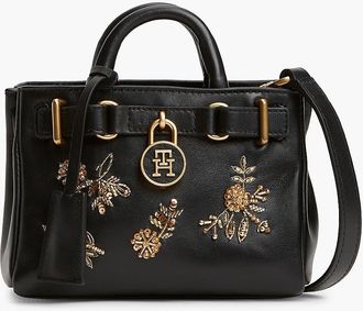 Tommy Hilfiger Womens Floral Motif Leather Micro Tote Bag - Black