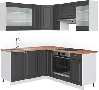 Vicco Cocina Esquinera Fame-line, Antracita-oro/blanco, 160 X 190 Cm, Et Roble