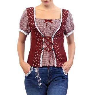 Generic 2025 Oktoberfest- Womens Gingham Print Puff Cap Sleeve Sweetheart Neck Blouse Crop Top and Plaid Shirt Women (Red, L)