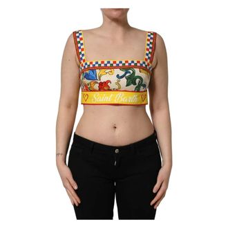 Dolce & Gabbana Sleeveless Tops, female, Multicolor, Size: XL Majolica Print Cotton Crop Top