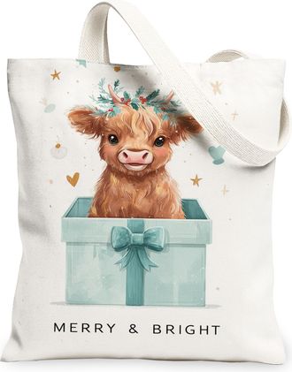 Generic Cow Canvas Tote Bags, Cute Animal Holiday Print Reusable Grocery Bags, Winter Joyful Lightweight Washable Shoulder Strap Ca, White, 13x15 Inch