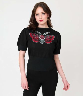 Unique Vintage Embroidered Long Sleeve Sweater in Black Moth Print at Nordstrom, Size X-Small/small