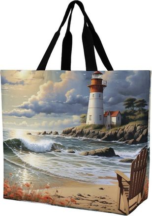 Generic Sea Lighthouse Sandbeach Handbag Durable Shopping Bag Portable Tote Bags For Camping Travel Beach