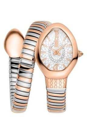 Just Cavalli Snake Wraparound Bracelet Watch, 20mm x 34.5mm in Silver/Rose Gold at Nordstrom Rack