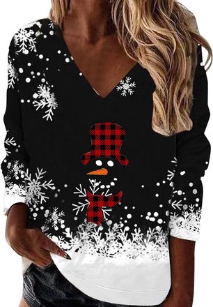 Generic christmas tops Ladies Xmas Jumpers Santa Funny Snowflake Outfit Wine Glass Printed Long Sleeve Christmas Pullover T Shirts xmas Holiday Jumper V Neck 
