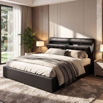Merax 5ft King PU Upholstered Ottoman Storage Bed with Headboard Storage in Black