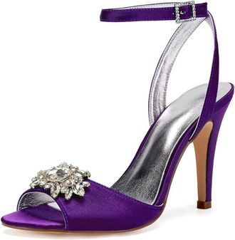 Generic Wedding Bridal Heels Womens Ankle Strap Open Toe Stiletto High Heels Satin Heeled Sandals for Prom, Party, Daily 10.5Cm,Dark Purple,5 UK
