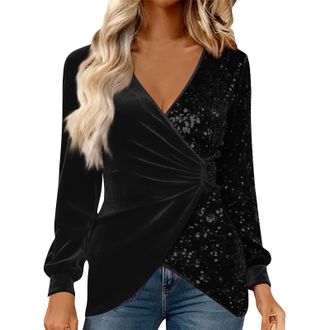 Generic Sparkly Tops for Women UK Velvet Wrap V Neck Blouses Ruched Sequin Patchwork Shirts Elegant Dressy Blouse Long Sleeve Glitter Tshirts Holiday Shiny Ev